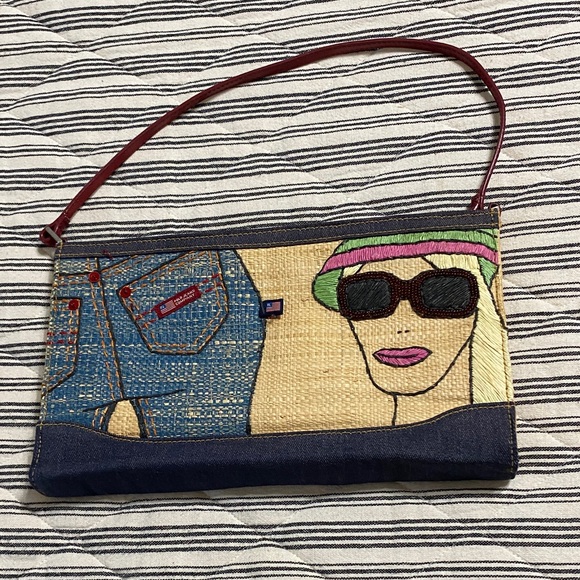 Ralph Lauren Handbags - Ralph Lauren Straw & Denim Embroidered Wristlet with Pink and Green Accents